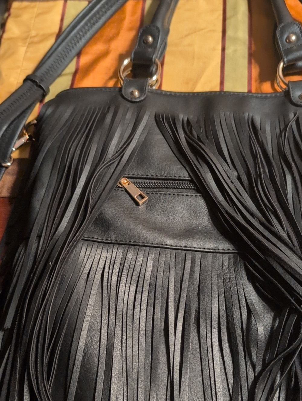 Fashion Forward Black Fringe Tote Bag Vegan Unbranded 15" Wide 16.5 Long - Picture 4 of 10
